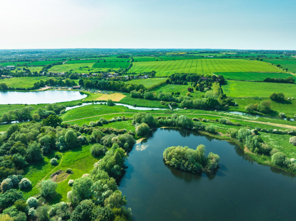 Drone view of Linford Lakes Nature Reserve in Milton Keynes, England